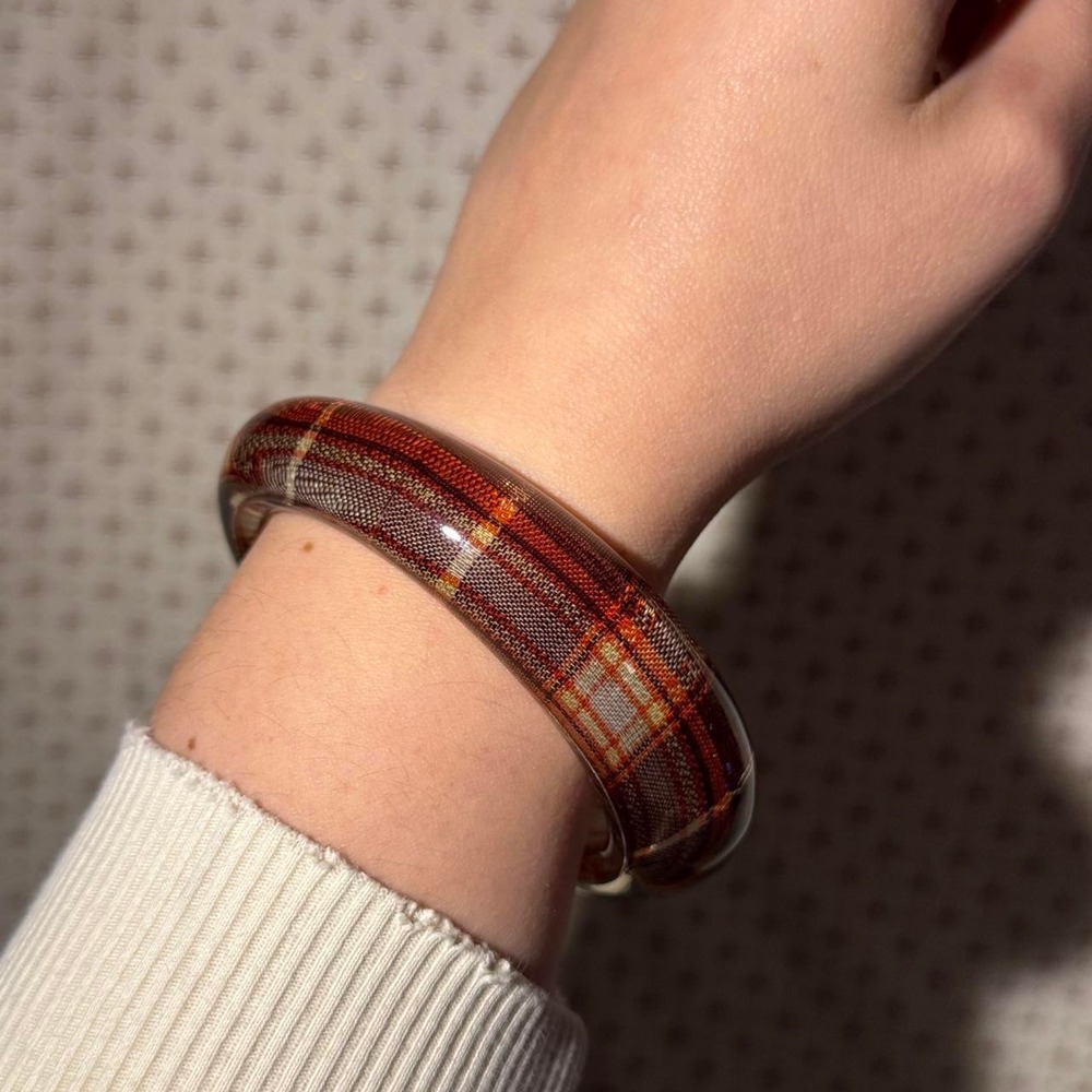 Brown Plaid Acrylic Bangle Bracelet Tartan Style Retro Statement Jewelry